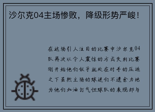 沙尔克04主场惨败，降级形势严峻！
