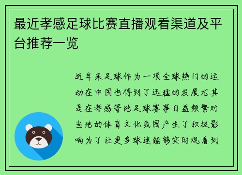 最近孝感足球比赛直播观看渠道及平台推荐一览